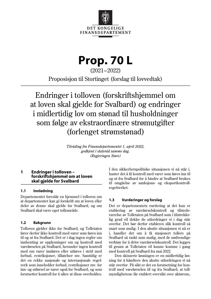 Forsiden av dokumentet Prop. 70 L (2021–2022)