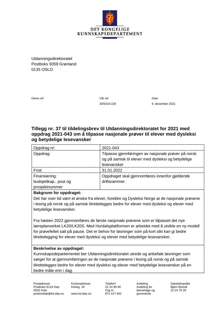 Forsiden av dokumentet Tildelingsbrev Utdanningsdirektoratet 2021 - tillegg nr. 37