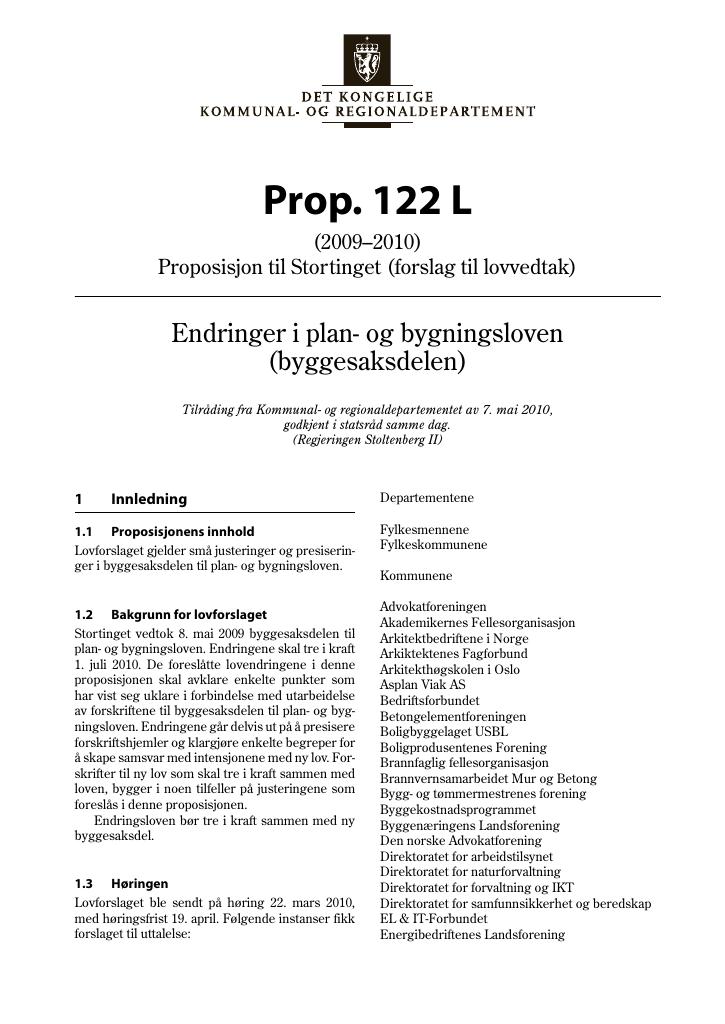 Forsiden av dokumentet Prop. 122 L (2009–2010)