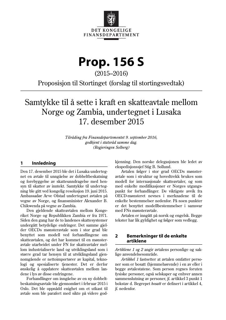 Forsiden av dokumentet Prop. 156 S (2015–2016)