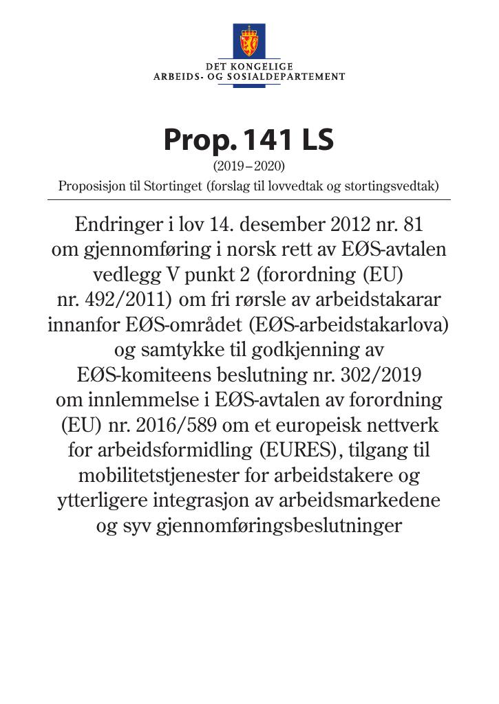 Forsiden av dokumentet Prop. 141 LS (2019–2020)