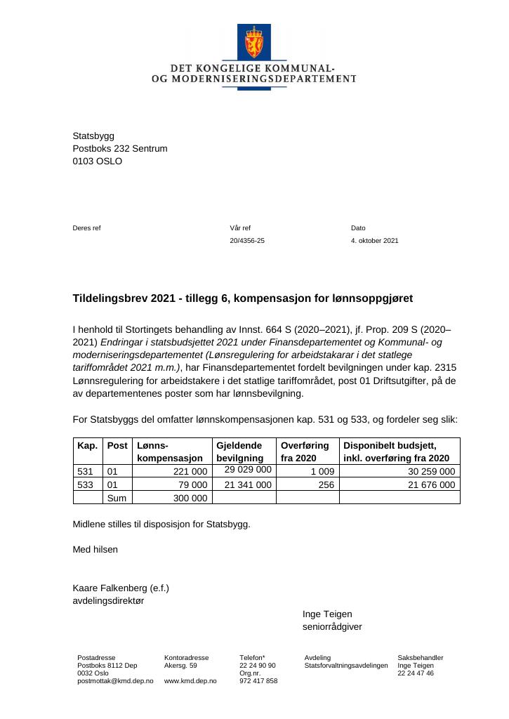 Forsiden av dokumentet Tildelingsbrev Statsbygg 2021 - tillegg nr. 6