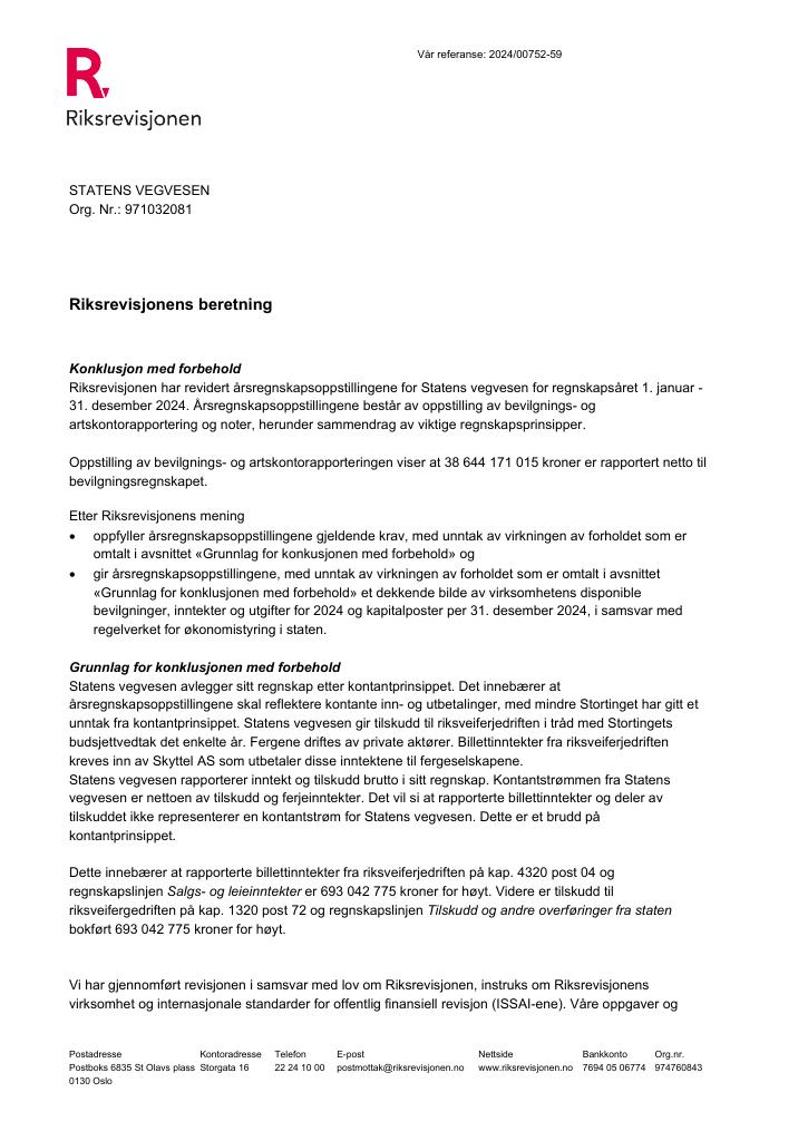 Forsiden av dokumentet Revisjonsberetning Statens vegvesen 2024