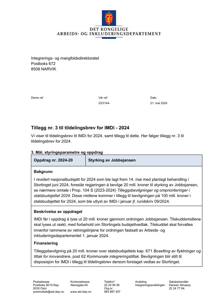 Forsiden av dokumentet Tildelingsbrev Integrerings- og mangfoldsdirektoratet (IMDi) 2024 - tillegg nr. 3