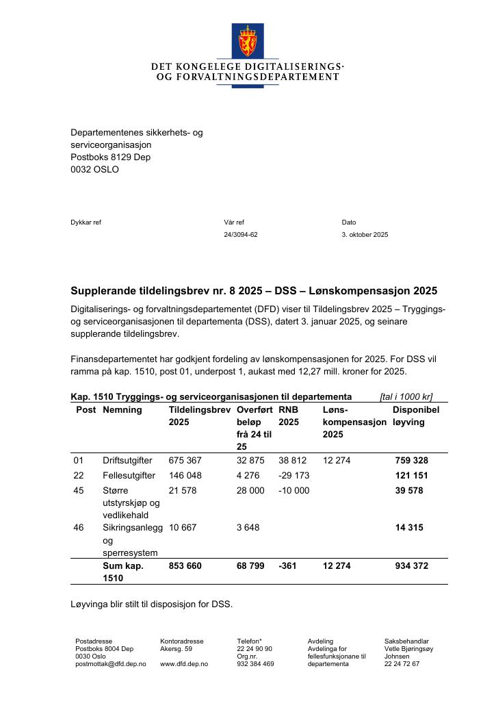 Forsiden av dokumentet Tildelingsbrev Departementenes sikkerhets- og serviceorganisasjon 2025 - tillegg nr. 8