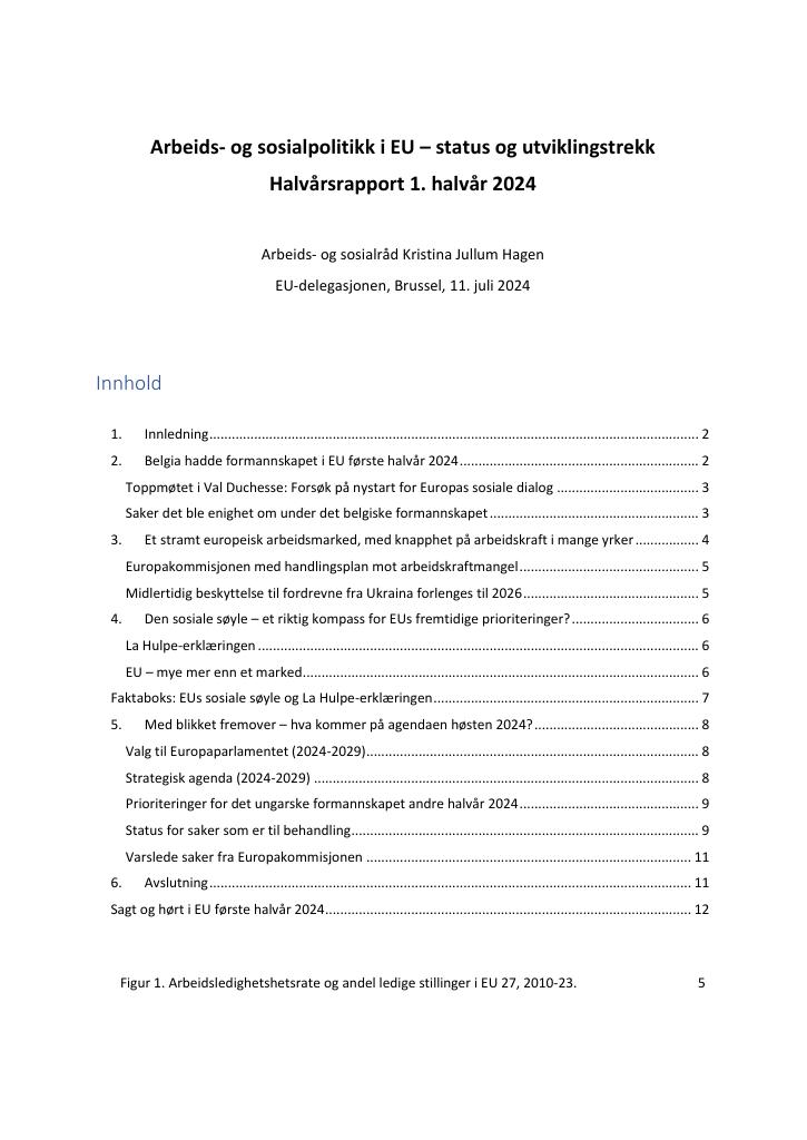 Forsiden av dokumentet EU-delegasjonens halvårsrapport om arbeids- og sosialsaker våren 2024