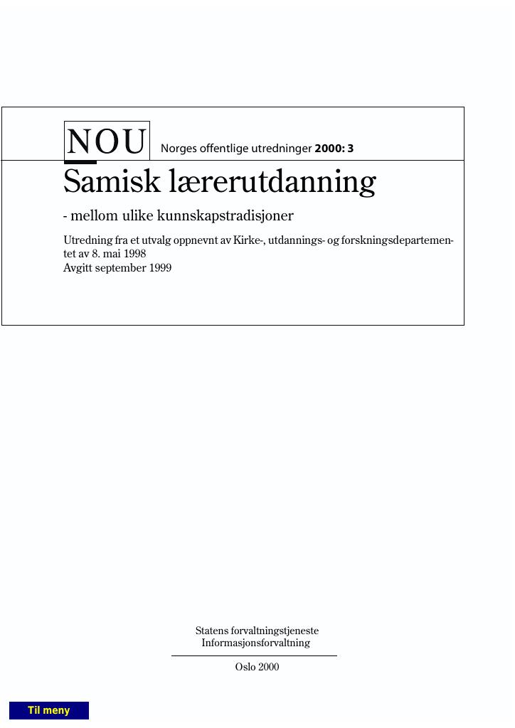 Forsiden av dokumentet NOU 2000: 3 - Samisk lærerutdanning