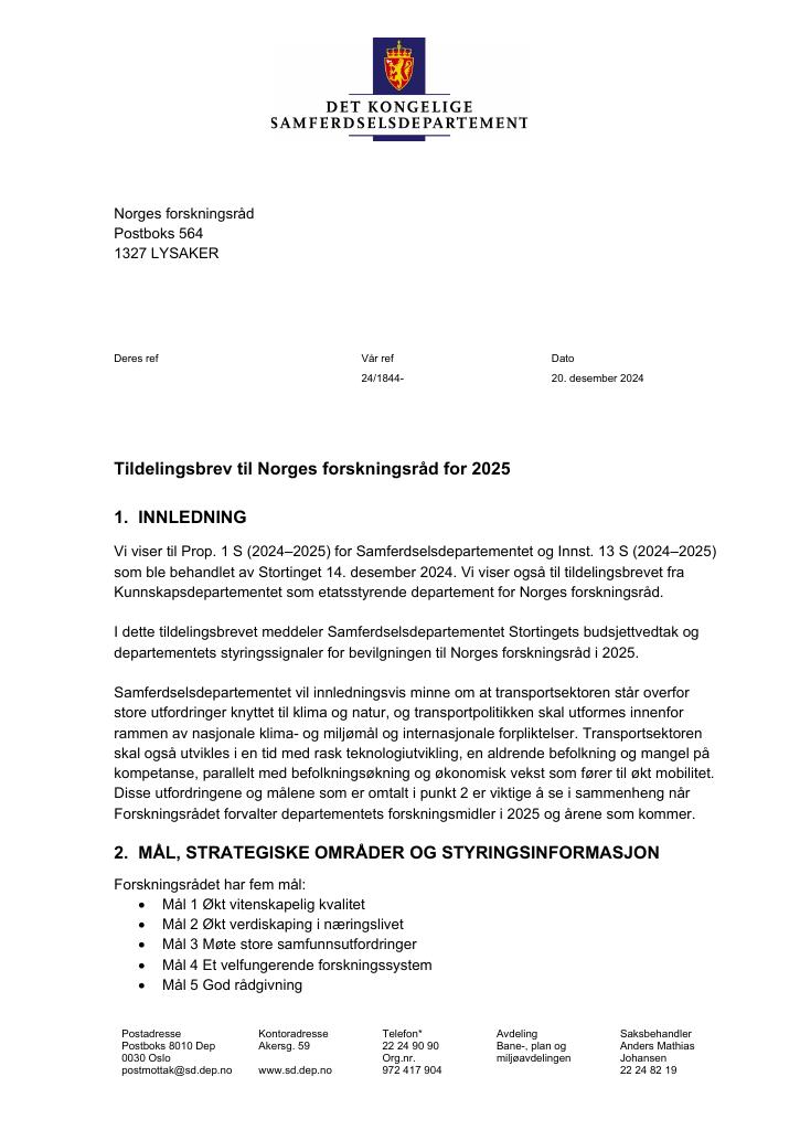 Forsiden av dokumentet Tildelingsbrev Norges forskningsråd 2025