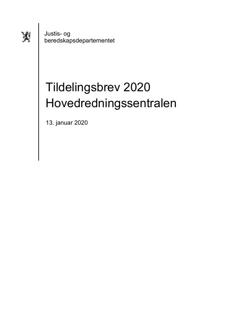 Forsiden av dokumentet Tildelingsbrev Hovedredningssentralen 2020