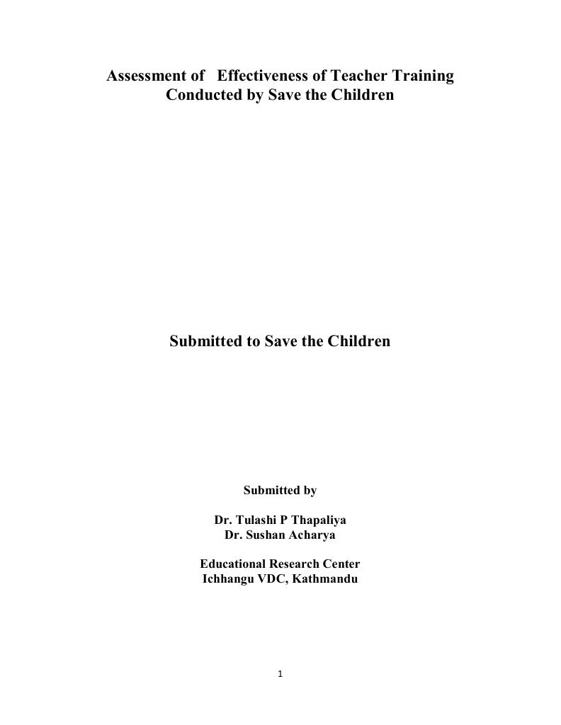 Forsiden av dokumentet Assessment of Effectiveness of Teacher Training Conducted by Save the Children