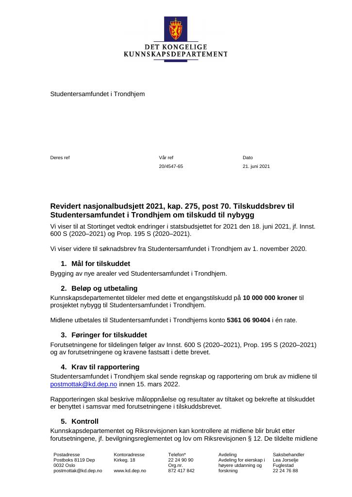 Forsiden av dokumentet Tilskuddsbrev til Studentersamfundet i Trondheim 2021