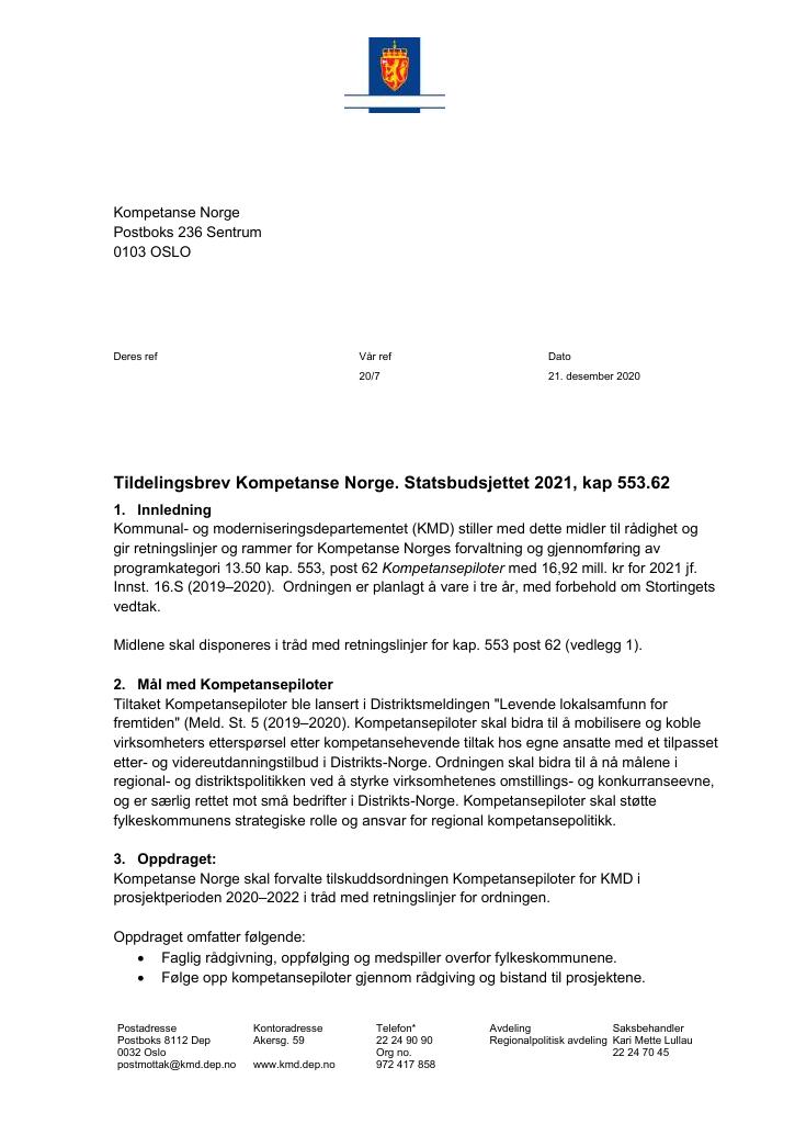 Forsiden av dokumentet Oppdragsbrev Kompetanse Norge 2021
