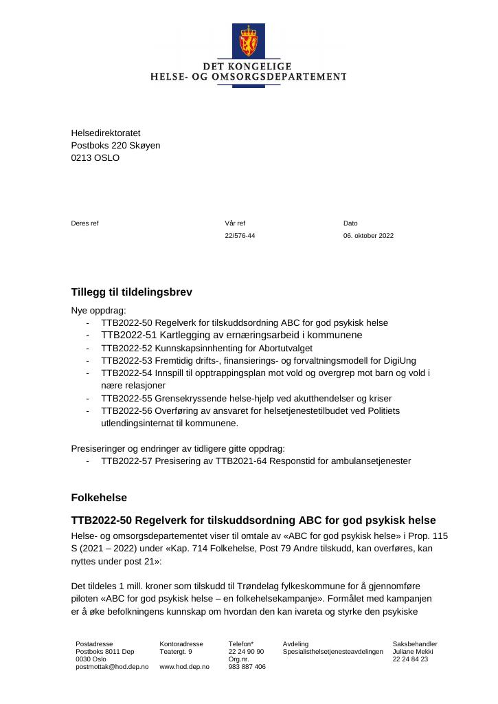 Forsiden av dokumentet Tildelingsbrev Helsedirektoratet 2022 - tillegg