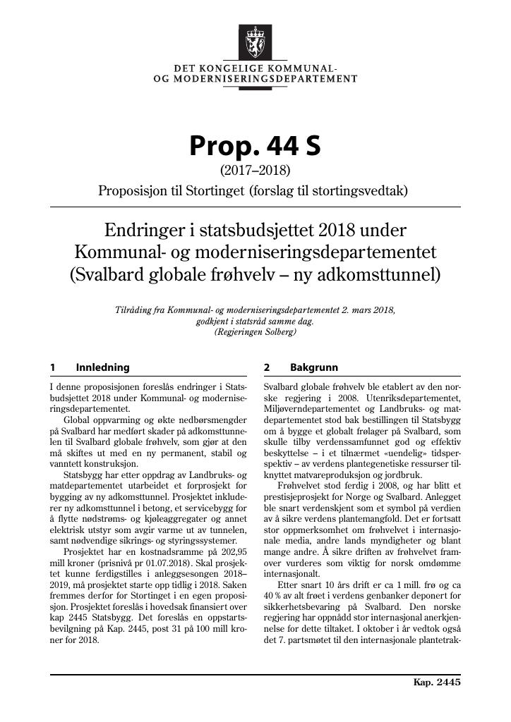 Forsiden av dokumentet Prop. 44 S (2017–2018)