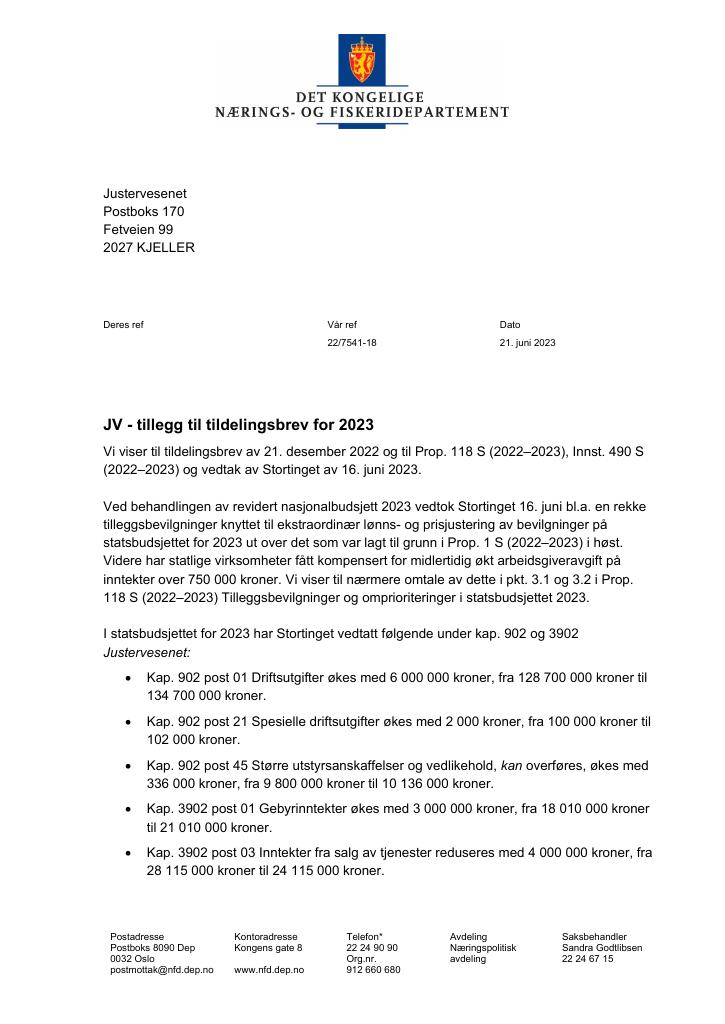 Forsiden av dokumentet Tildelingsbrev Justervesenet 2023 - tillegg