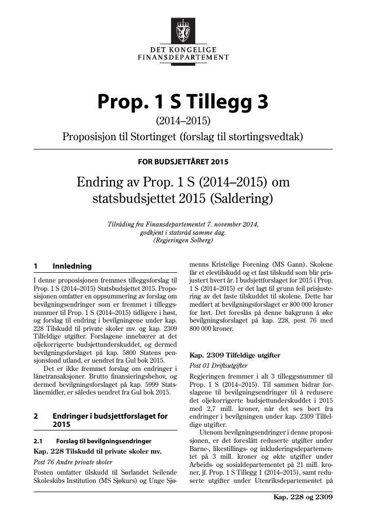 Forsiden av dokumentet Prop. 1 S Tillegg 3 (2014–2015)