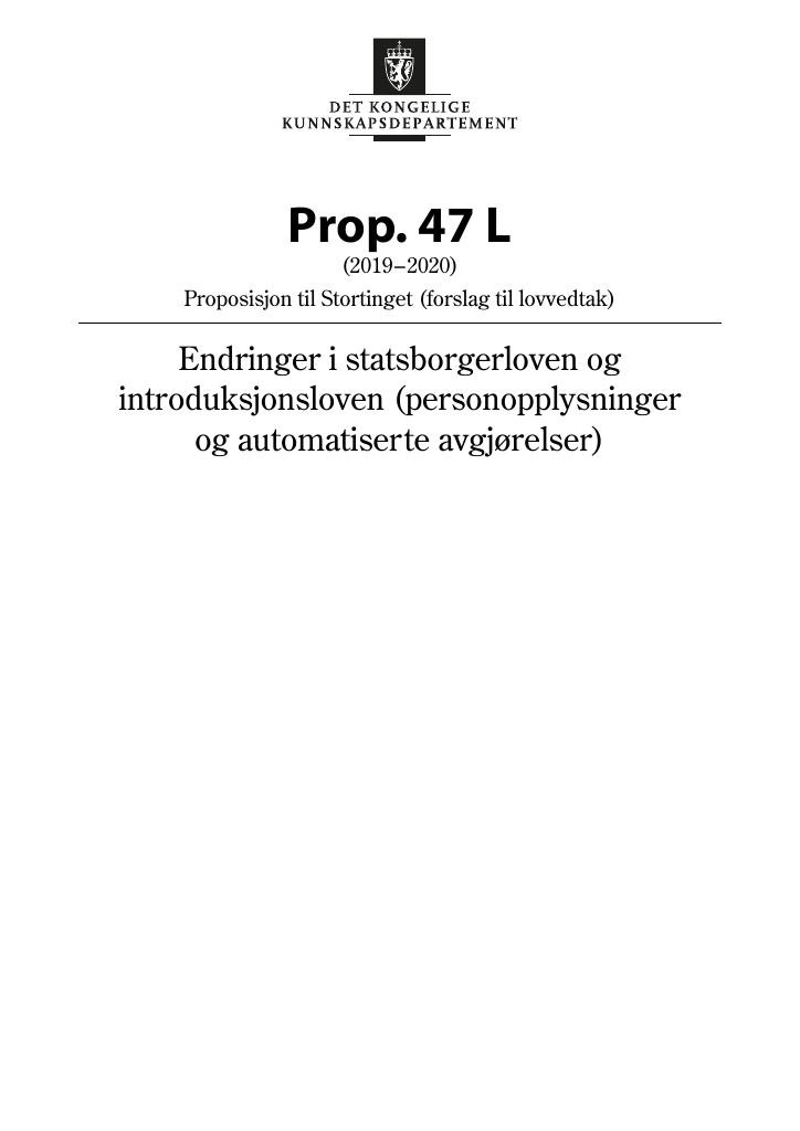 Forsiden av dokumentet Prop. 47 L (2019–2020)