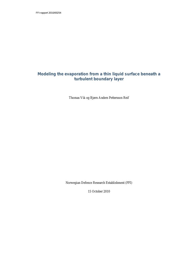 Forsiden av dokumentet Modeling the evaporation from a thin liquid surface beneath a turbulent boundary layer