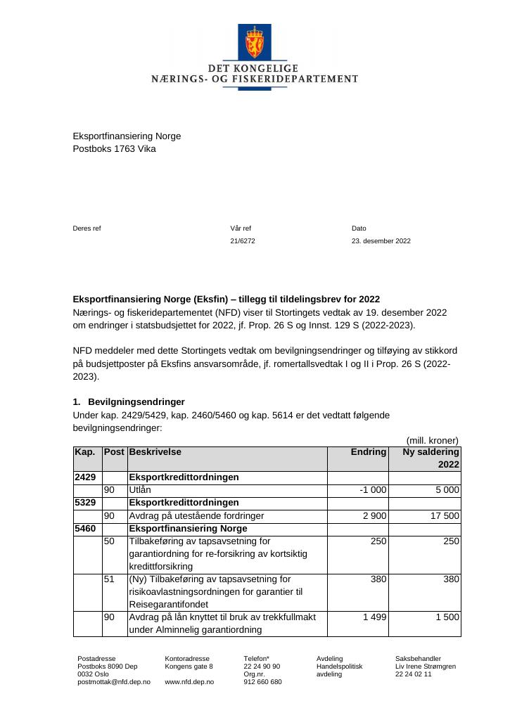 Forsiden av dokumentet Tildelingsbrev Eksportfinansiering Norge 2022 - tillegg