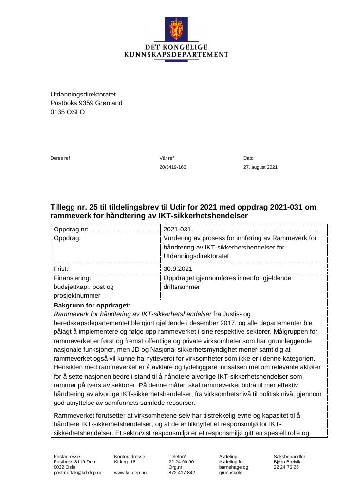 Forsiden av dokumentet Tildelingsbrev Utdanningsdirektoratet 2021 - tillegg nr. 25