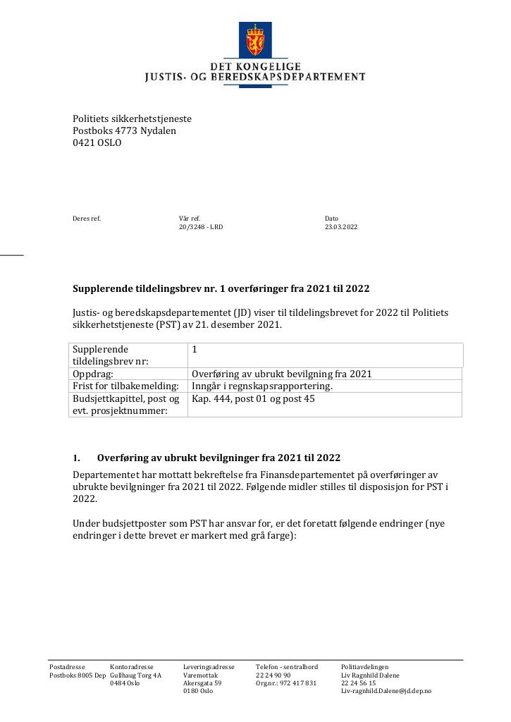 Forsiden av dokumentet Tildelingsbrev Politiets sikkerhetstjeneste 2022 - tillegg nr. 1