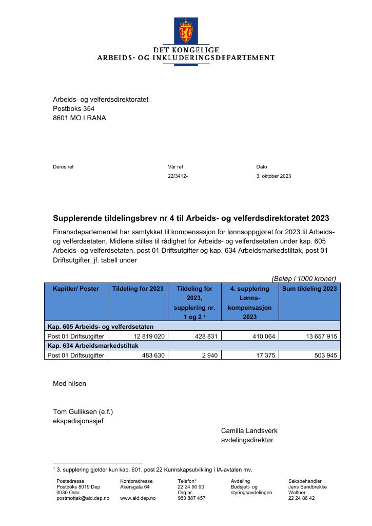 Forsiden av dokumentet Supplerende tildelingsbrev nr. 4 Arbeids- og velferdsdirektoratet 2023