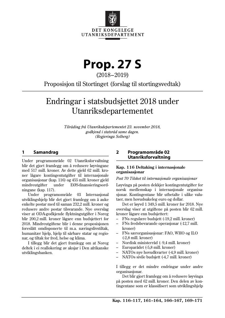 Forsiden av dokumentet Prop. 27 S (2018–2019)