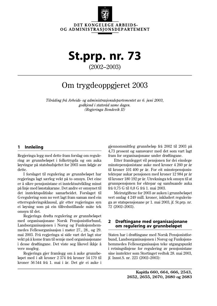 Forsiden av dokumentet St.prp. nr. 73 (2002-2003)