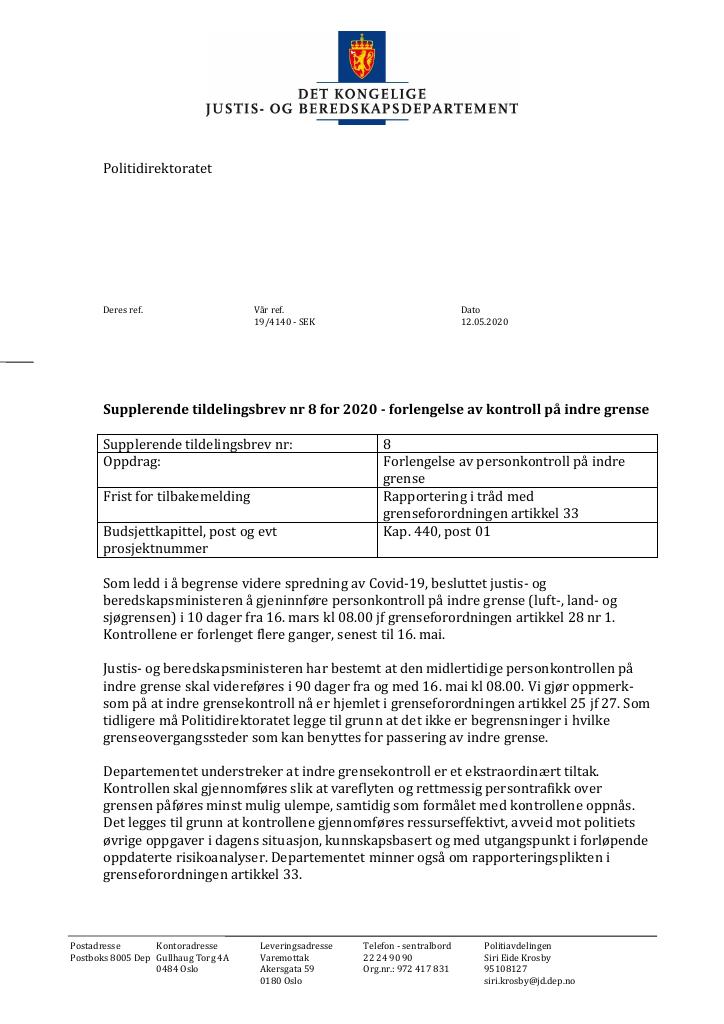 Forsiden av dokumentet Supplerende tildelingsbrev nr 8 2020 (PDF)