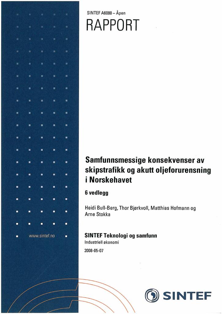 Forsiden av dokumentet Samfunnsmessige konsekvenser av skipstrafikk og akutt oljeforurensning i Norskehavet