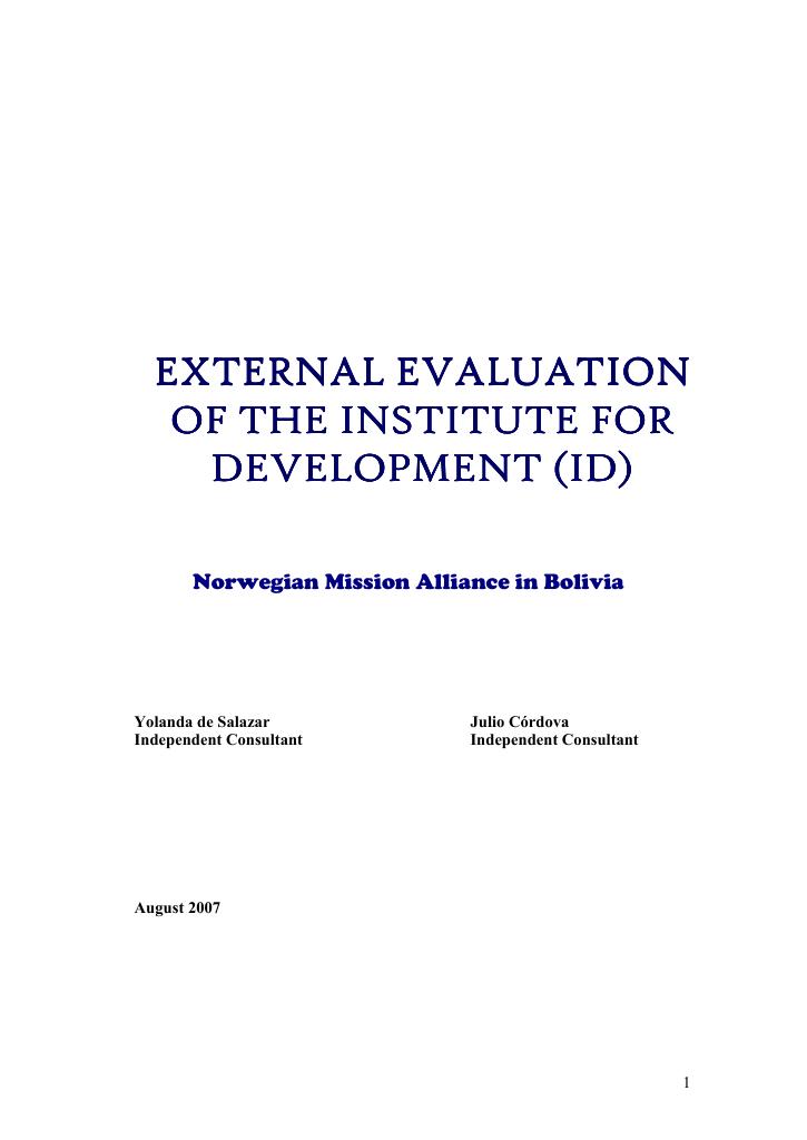 Forsiden av dokumentet External evaluation of the Institute for Development (ID)