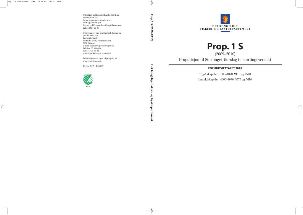 Forsiden av dokumentet Prop. 1 S (2009–2010)