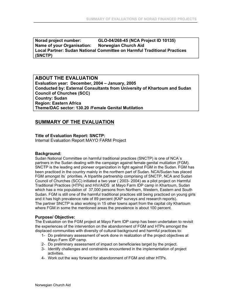 Forsiden av dokumentet SNCTP: Internal Evaluation Report MAYO FARM Project