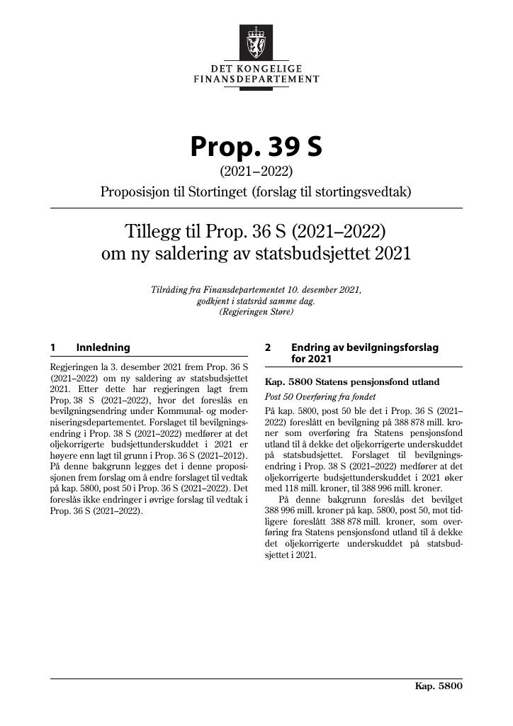 Forsiden av dokumentet Prop. 39 S (2021–2022)