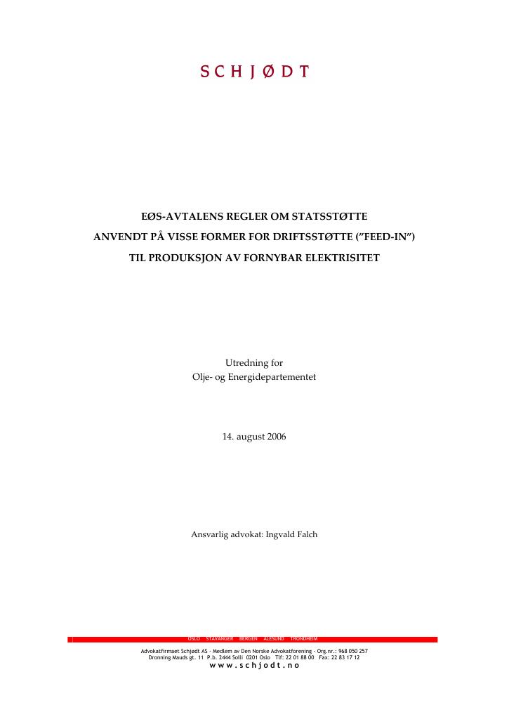 Forsiden av dokumentet EØS-avtalens regler om statstøtte til produksjon av fornybar elektrisitet