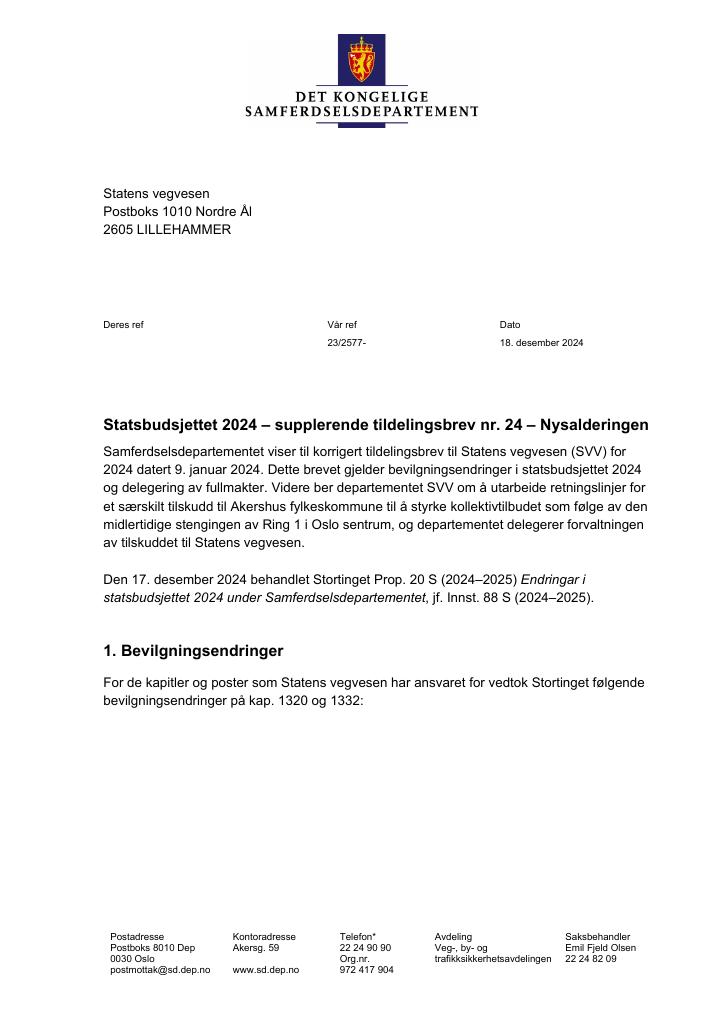 Forsiden av dokumentet Tildelingsbrev Statens vegvesen 2024 - tillegg nr. 24