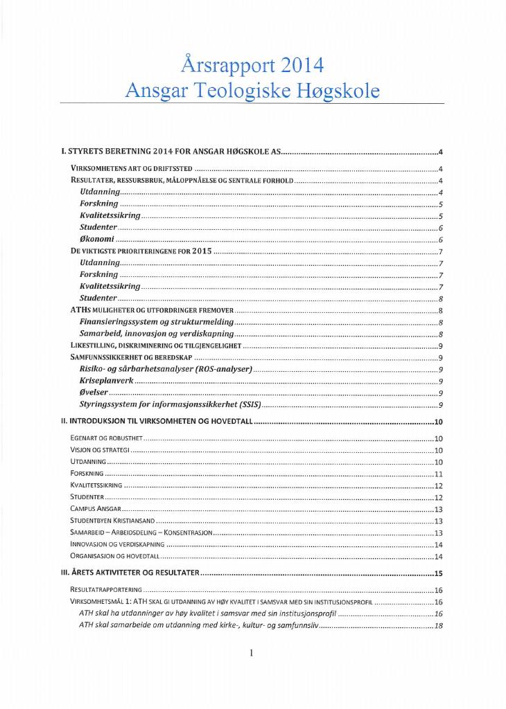 Forsiden av dokumentet Årsrapport Ansgar høyskole 2014