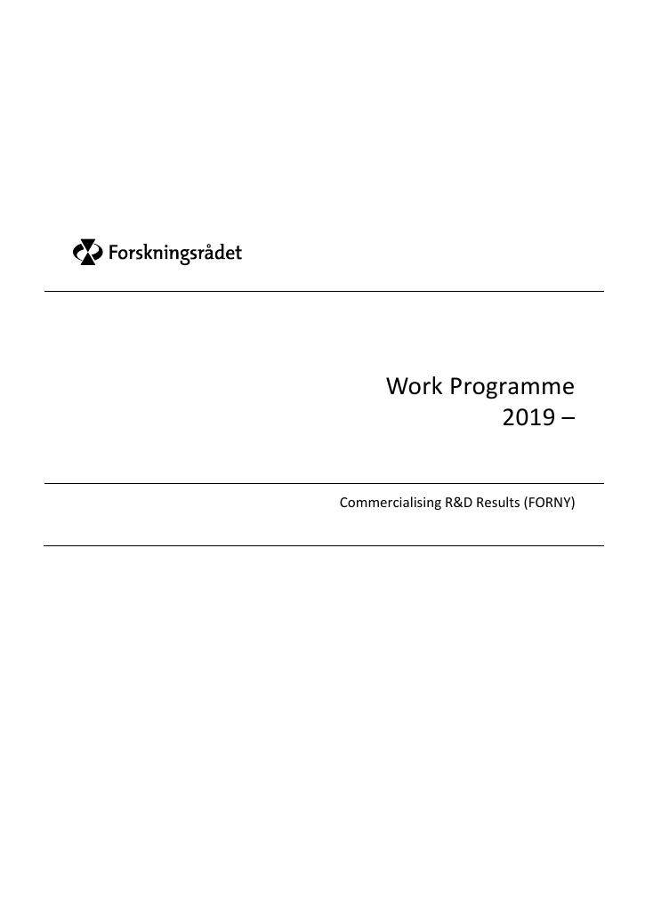 Forsiden av dokumentet Work Programme – FORNY2020 revidert 2019