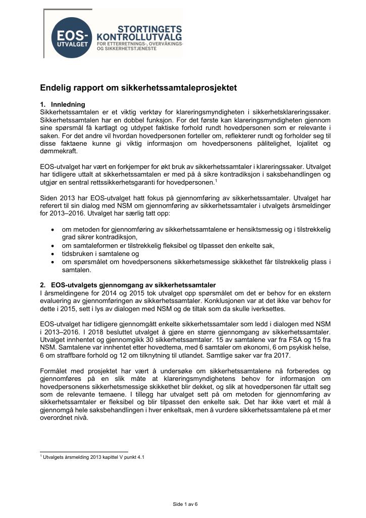 Forsiden av dokumentet Undersøkelse av sikkerhetssamtaler i NSM og FSA