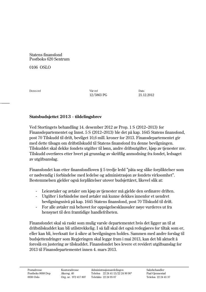 Forsiden av dokumentet Tildelingsbrev (pdf)