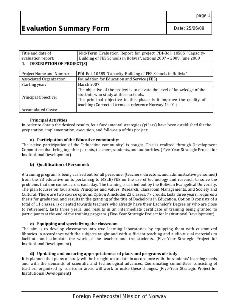 Forsiden av dokumentet Mid-Term Evaluation Report for project PDI-Bol. 10585 “Capacity-Building of FES Schools in Bolivia”, actions 2007 – 2009