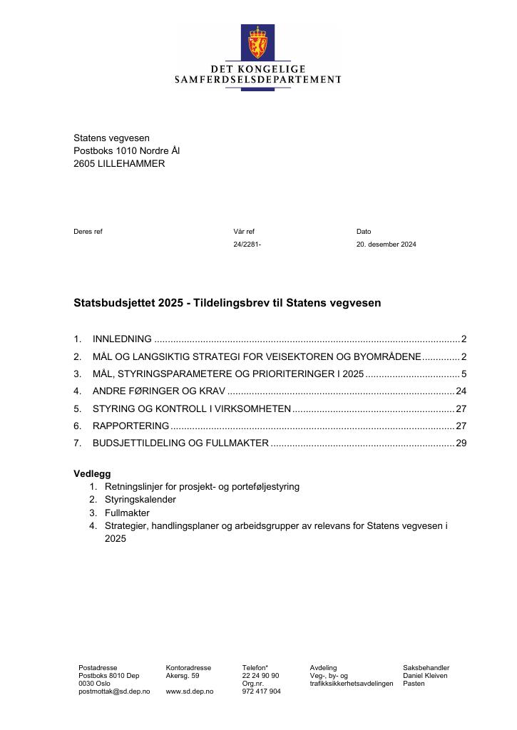 Forsiden av dokumentet Tildelingsbrev Statens vegvesen 2025