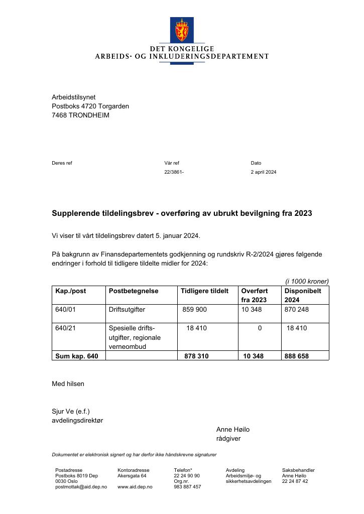 Forsiden av dokumentet Tildelingsbrev Arbeidstilsynet 2024 - tillegg nr. 3