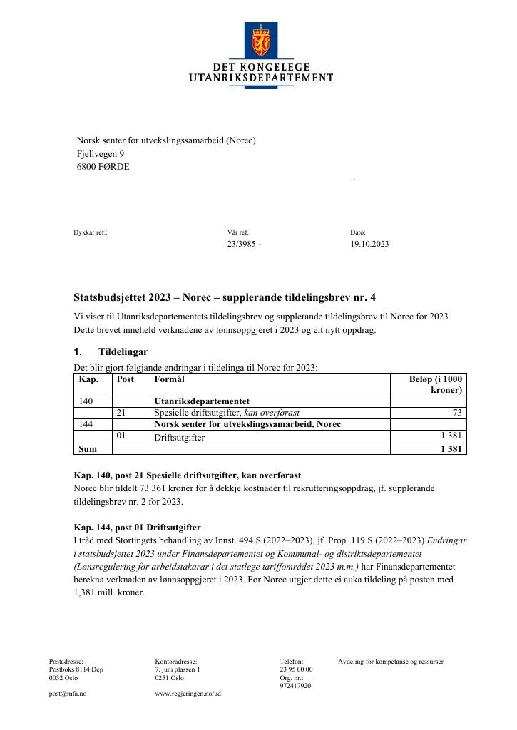 Forsiden av dokumentet Tildelingsbrev Norec 2023 - tillegg nr. 4