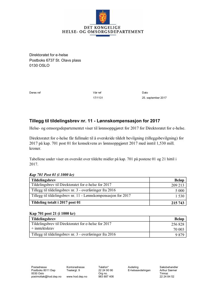 Forsiden av dokumentet Tildelingsbrev Direktoratet for e-helse 2022 - tillegg nr. 11