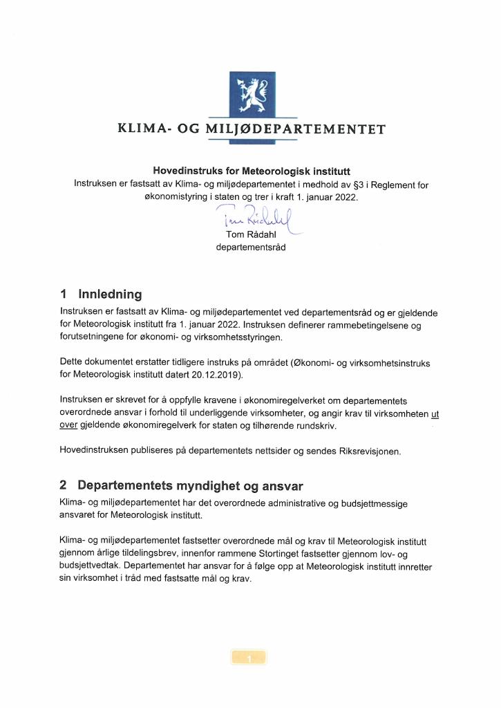 Forsiden av dokumentet Hovedinstruks Meteorologisk institutt 2022