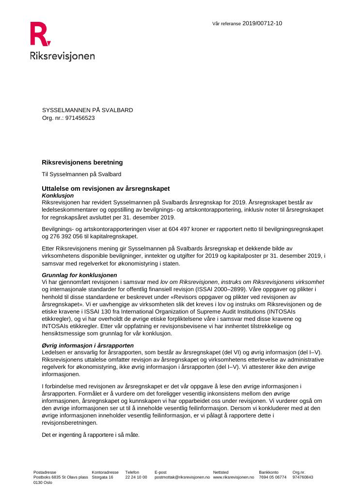Forsiden av dokumentet Revisjonsberetning for Sysselmannen (PDF)