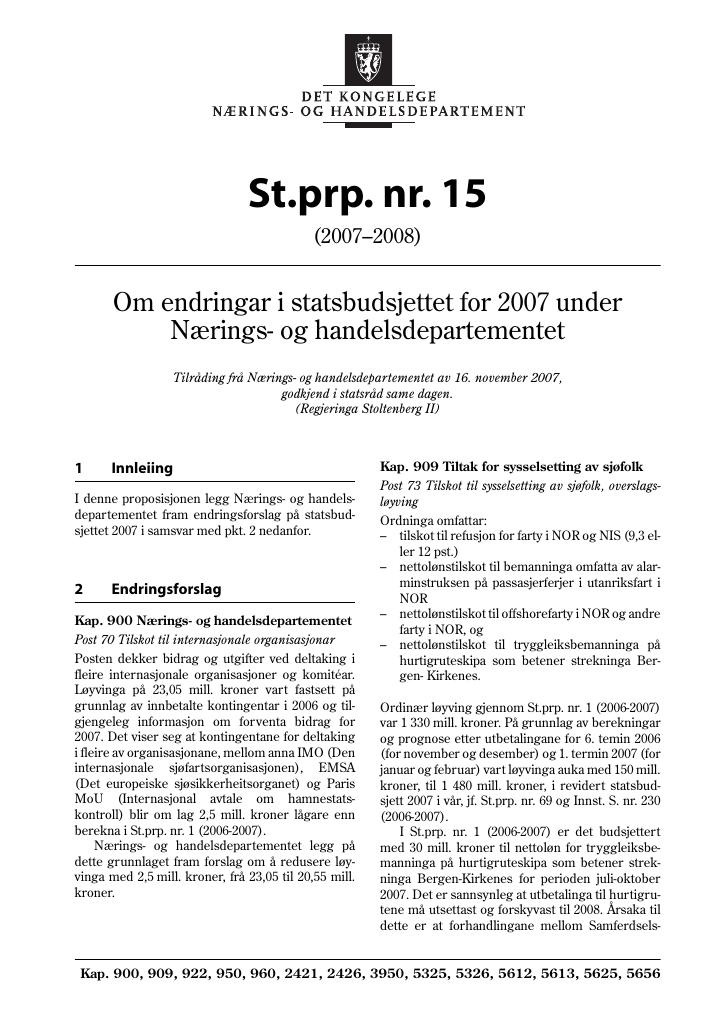 Forsiden av dokumentet St.prp. nr. 15 (2007-2008)