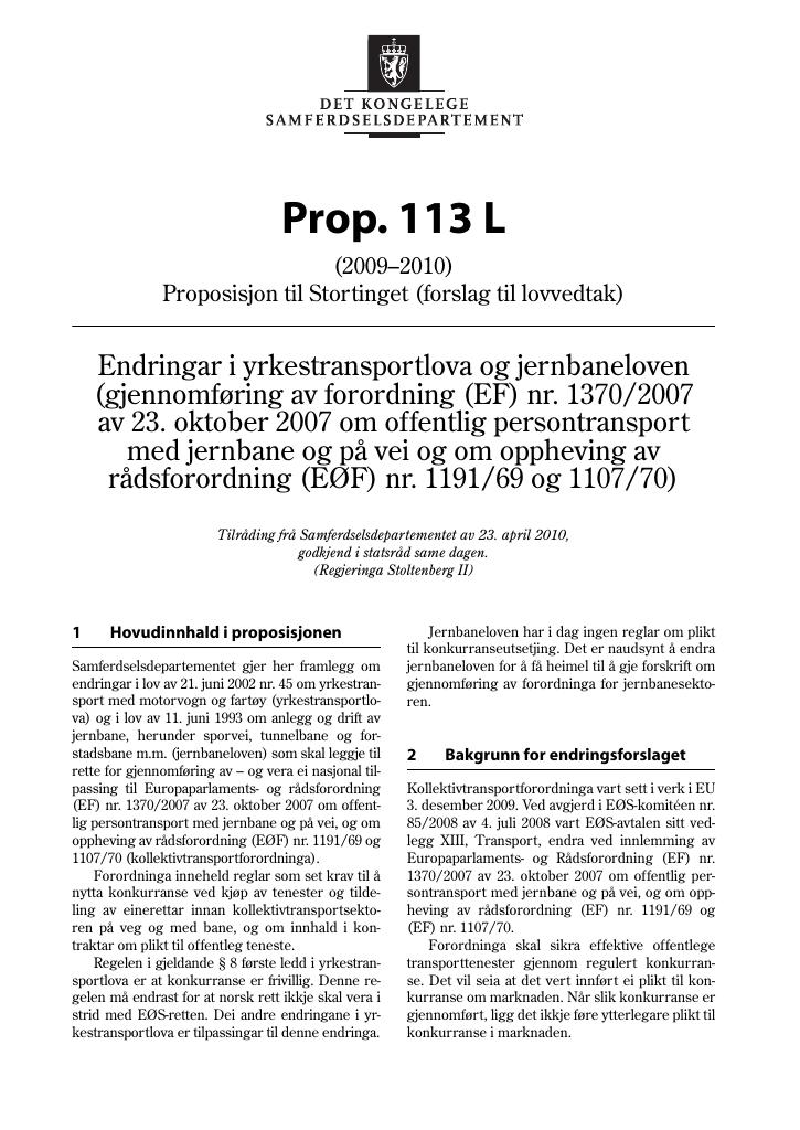 Forsiden av dokumentet Prop. 113 L (2009-2010)