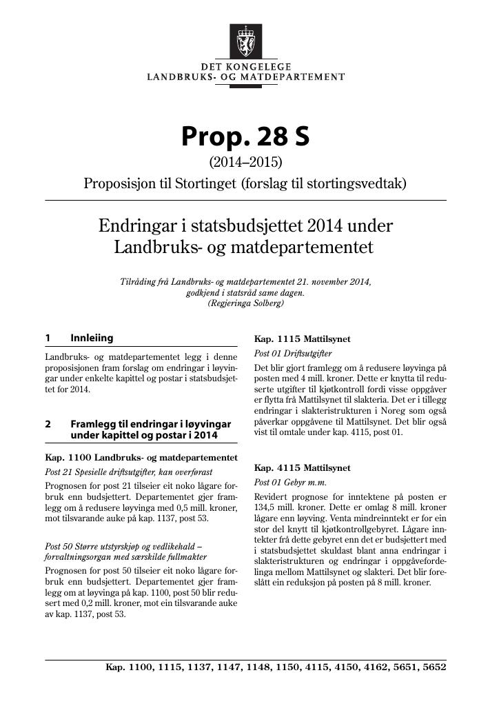 Forsiden av dokumentet Prop. 28 S (2014–2015)